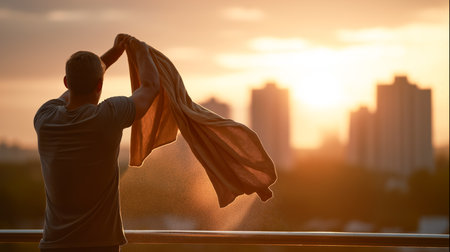 A person stands on a balcony, gently waving a towel as the sun sets behind buildingsの素材