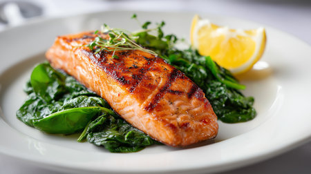A grilled salmon fillet is served on fresh spinach, garnished with lemon and microgreensの素材