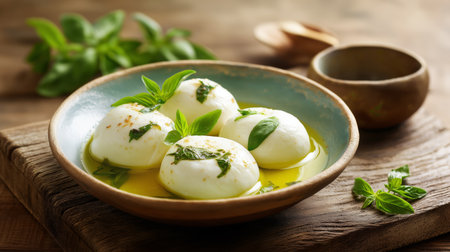 Mozzarella balls drizzled with olive oil and garnished with basil on a rustic tableの素材