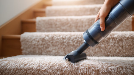 A person uses a vacuum cleaner to clean soft carpet on stairs in a well-lit spaceの素材