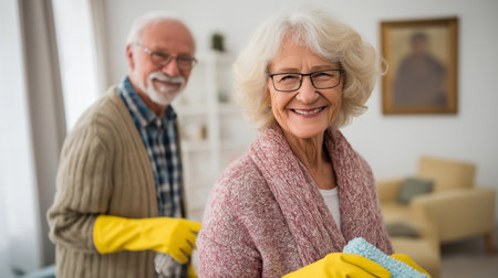 Happy seniors spend quality time cleaning their living space while sharing smiles and laughterの素材