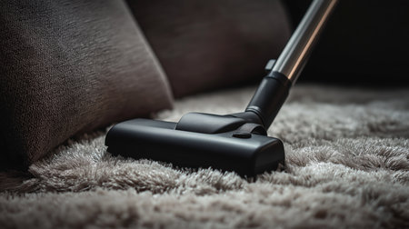A powerful vacuum cleaner is removing dust and debris from a soft carpet in a living roomの素材