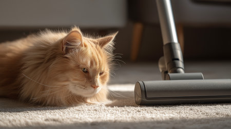 Fluffy ginger cat relaxes on soft carpet, gazing at a vacuum cleaner in a well-lit roomの素材