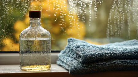 A bottle of oil sits next to a blue towel on a windowsill as raindrops form patterns on the glassの素材
