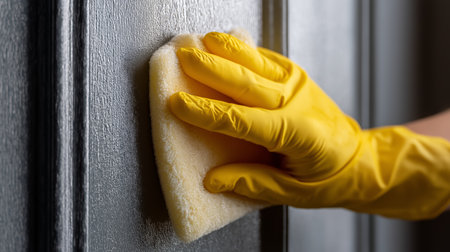 A hand in a yellow glove is scrubbing a black door with a sponge in an indoor settingの素材
