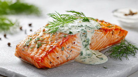 Grilled salmon fillet topped with creamy dill sauce and fresh herbs in a bright kitchenの素材