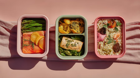 Three meal prep containers displaying salmon, vegetables, and rice on a light backgroundの素材