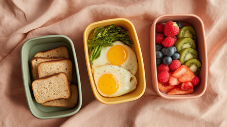 Delicious breakfast spread featuring eggs, asparagus, whole grain slices, and assorted fruitsの素材