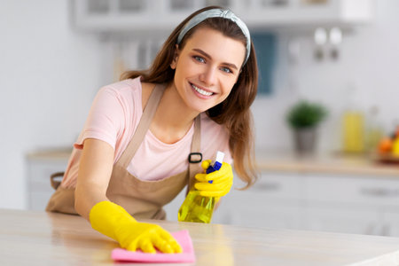 Happy housewife or maid cleaning table with rag and detergent at kitchen, copy space. Professional...