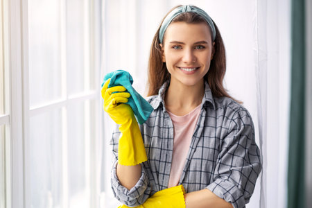 Portrait of happy millennial lady with rag wearing rubber gloves, looking at camera and smiling,...
