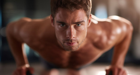 Man performing push-ups in gym setting with focused intensity and determination Generative AIの素材