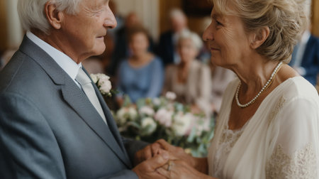 Elderly couple exchanges vows in a joyful wedding ceremony surrounded by flowers Generative AIの素材