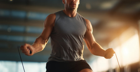 Man exercising with jump rope in a bright gym during afternoon workout Generative AIの素材