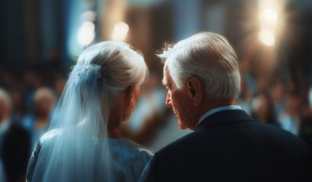 An elderly couple stands together, joyfully celebrating their weddingの素材