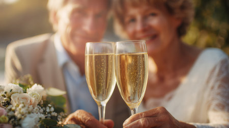 Celebration of love between elderly couple with champagne and flowers during holiday Generative AIの素材