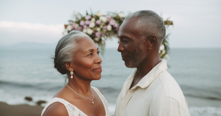 Elderly black couple exchanges vows on a beach surrounded by flowers Generative AIの素材