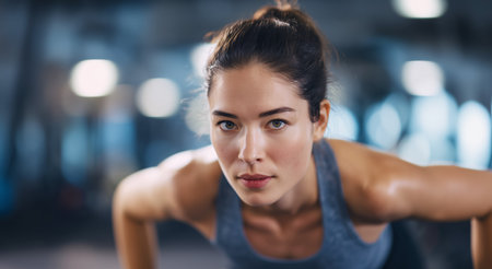 Focused woman performing push-ups in gym during fitness training session Generative AIの素材