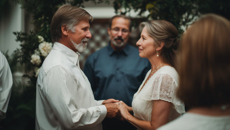 Elderly couple exchanging vows during intimate wedding ceremony in a floral setting Generative AIの素材