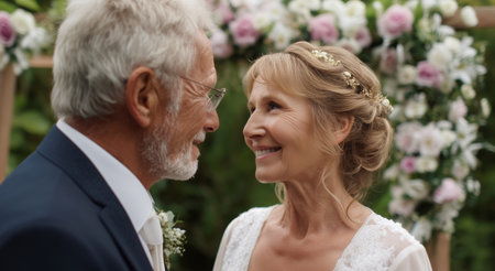 Elderly couple exchanging vows during a spring wedding amidst floral decorations Generative AIの素材