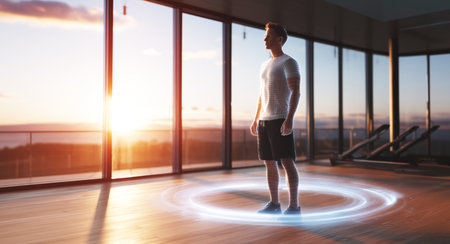 Hologram trainer guides fitness enthusiast in modern gym at sunset Generative AIの素材