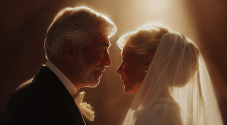 Elderly couple share a heartfelt moment during their wedding celebration Generative AIの素材