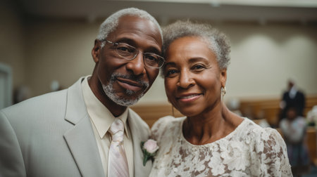 Elderly couple celebrates a black wedding with flowers at a joyful holiday gatheringの素材