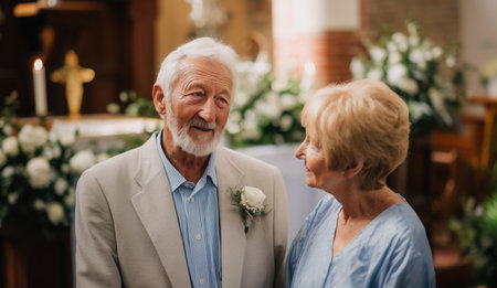 An elderly couple shares a joyful moment during their wedding ceremonyの素材