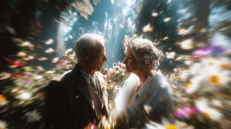 Elderly couple celebrating wedding vows amidst vibrant flowers in a serene setting Generative AIの素材