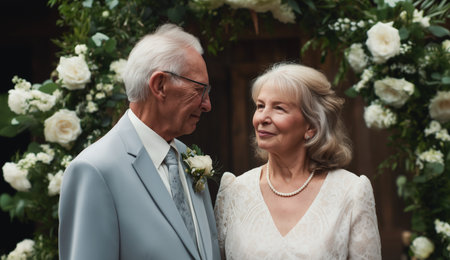 Elderly couple celebrates their wedding surrounded by beautiful flowers on a holiday Generative AIの素材