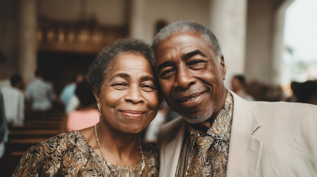 An elderly couple smiles joyfully while attending a wedding celebrationの素材