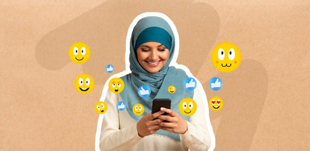 Woman enjoys chatting on smartphone while smiling at positive messages online