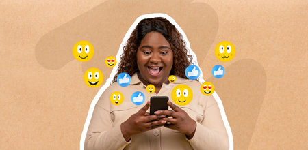 Excited woman chats on smartphone with social media reactions in bright colors