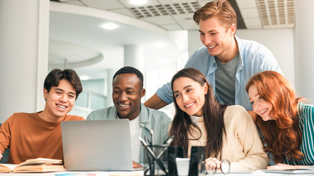 Group of cheerful international people using laptop at classroom