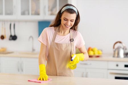Positive young housewife with cleaning detergent wiping table at kitchen, free space