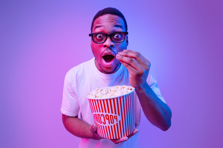 Surprised African Man In 3d Glasses With Popcorn In Cinema, Neon Lighting