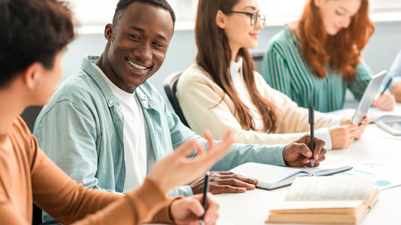 Diverse group of students sitting at desk writing and talking