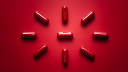 Bright red tablets arranged in a circle highlight their vibrant color and medical purposeの素材