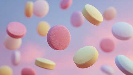 Colorful tablets float in a lively scene, highlighting advancements in medicine and AIの素材