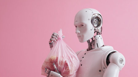 A humanoid robot holds a transparent bag filled with groceries in a vibrant pink environmentの素材