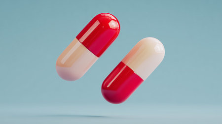 Two floating capsules symbolize innovative medical solutions and healthcare progressの素材