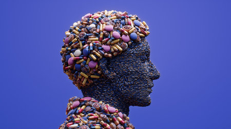 A vibrant silhouette of a person made from colorful tablets representing medical progressの素材