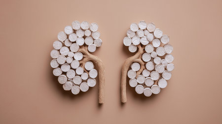 Creative kidney design made from circular tablet shapes, emphasizing medical treatmentの素材