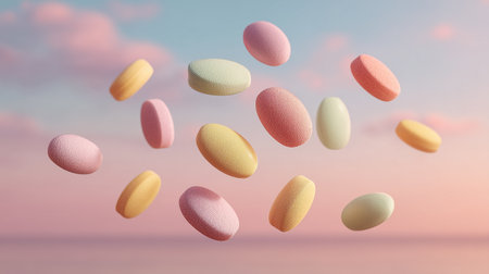 Multicolored tablets hover against a pastel sky, representing modern medicines and treatmentsの素材