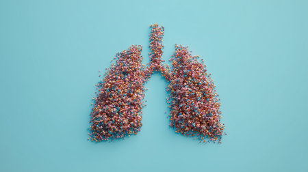Vibrant cluster of medicinal tablets shaped like human lungs illustrates advancements in treatmentの素材
