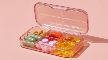 Various medicines and supplements are neatly arranged in a clear pill organizer with compartmentsの素材