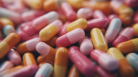 A vibrant collection of tablets representing advanced medical treatment solutions in various colorsの素材