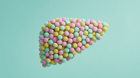 Colorful tablets arranged like a human organ, creatively interpreting medical treatmentsの素材