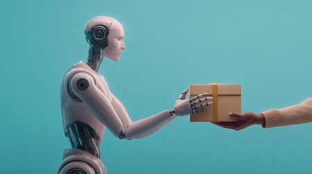 A robotic hands over a package to a human in a modern delivery contextの素材