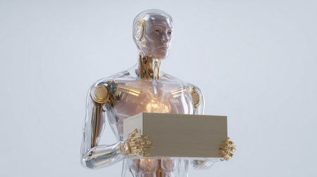A transparent robot holds a delivery package, showcasing advanced logistics automationの素材
