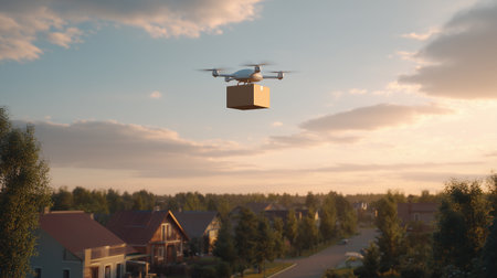 A drone delivers a package over a quiet area at sunset, enhancing delivery servicesの素材